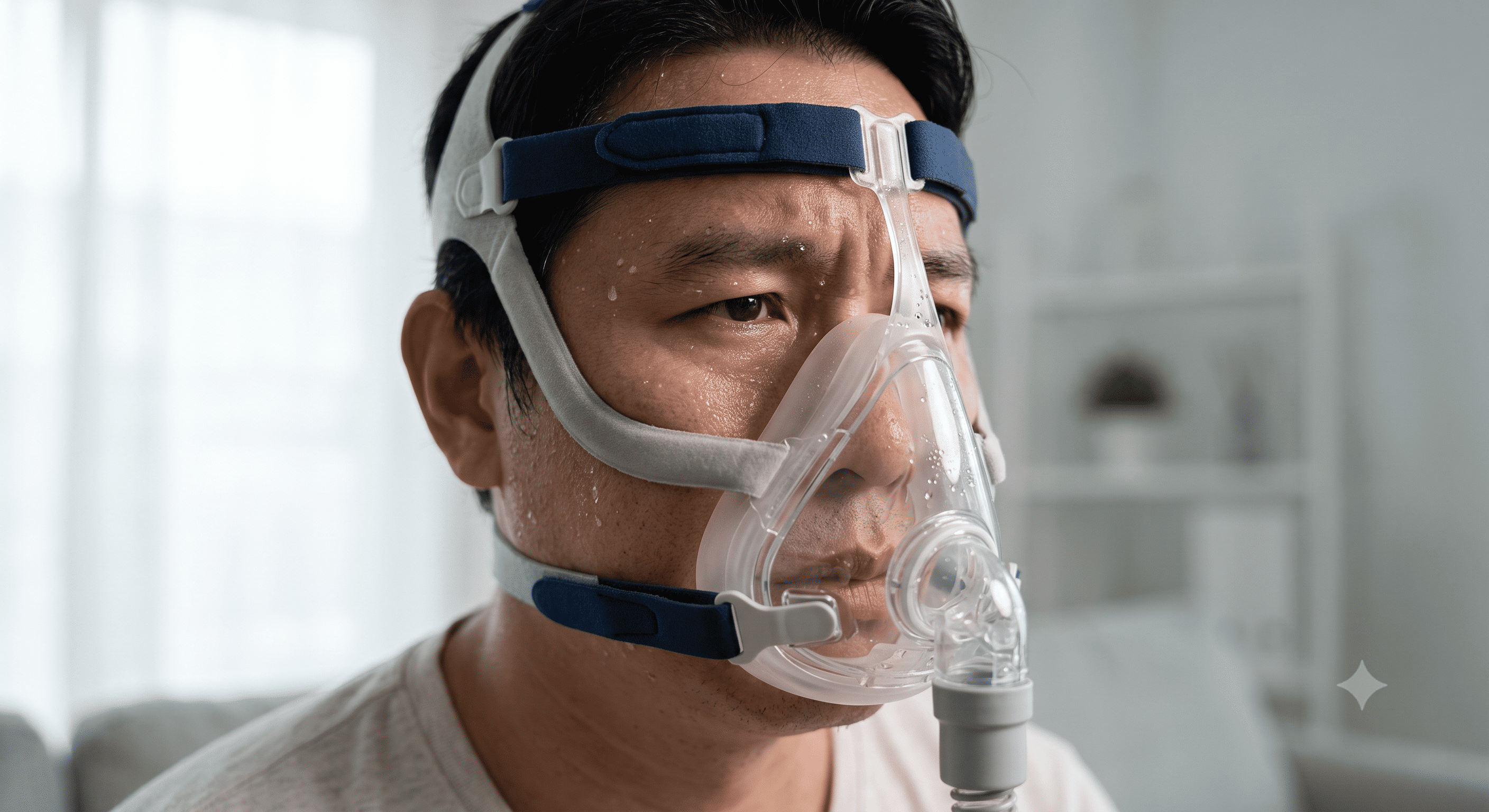 Close-up of a person wearing a CPAP mask, frowning and sweating in summer, showing discomfort from heat. No text/icons.