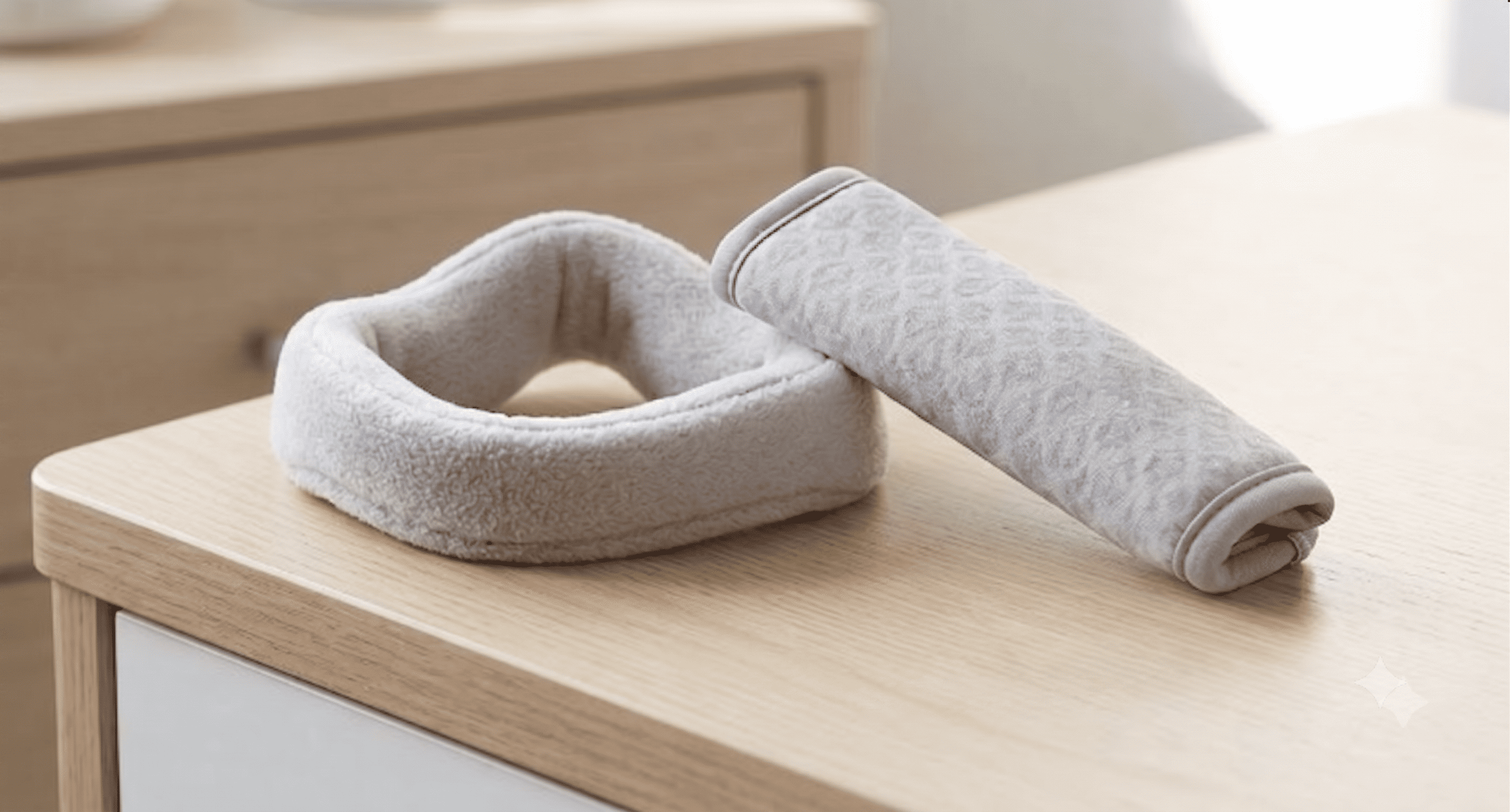 Close-up product photo of fleece mask cushion cover, padded strap cover, and gel nasal pads on a wooden surface.