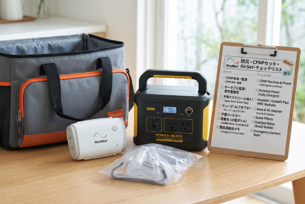 A well-prepared emergency kit featuring a CPAP machine, portable power station, spare mask, and checklist neatly organized for disaster readiness.
