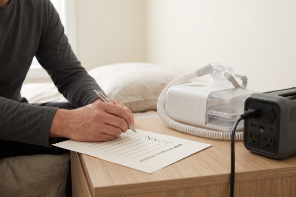 A person checking off items on a printed CPAP emergency checklist next to a CPAP machine and power station.